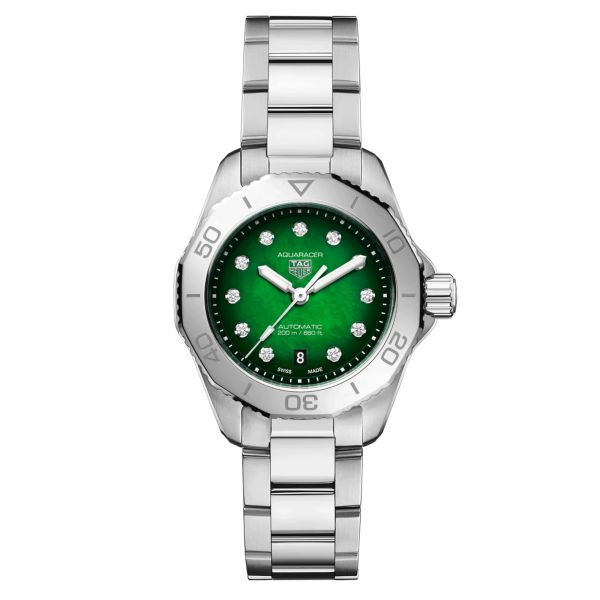 TAG Heuer Aquaracer 200 automatic watch diamond index green dial steel bracelet 30 mm