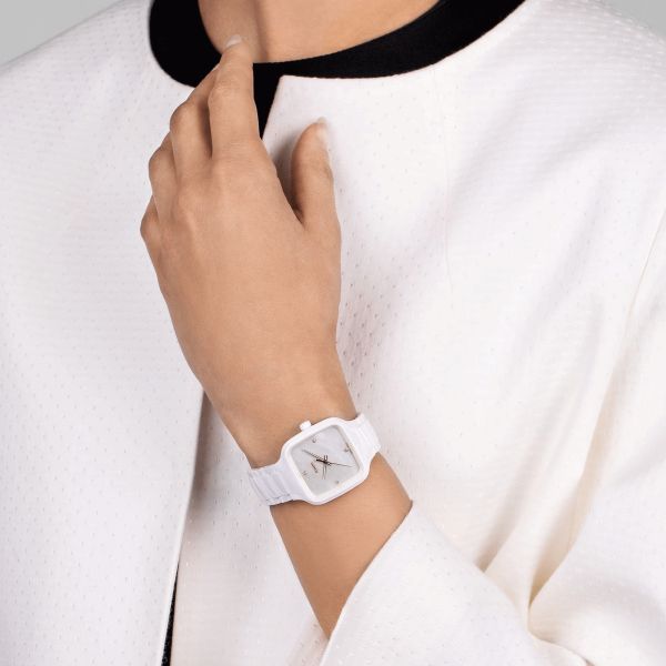 Montre Rado True Square Diamonds quartz cadran nacre blanche bracelet céramique blanc 29,2 mm R27072902