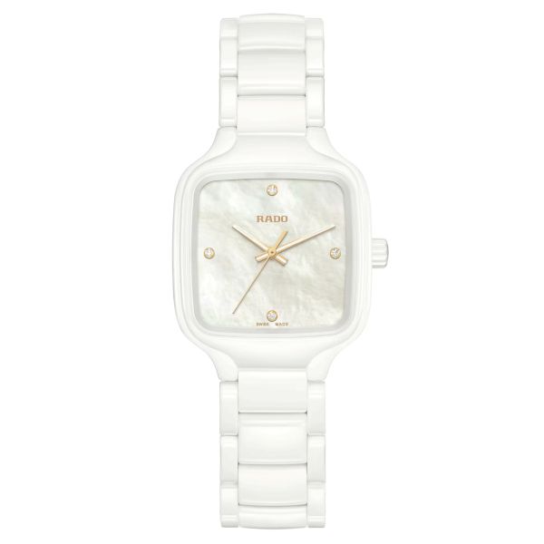 Rado True Square Diamonds quartz watch white mother-of-pearl dial white ceramic bracelet 29.2 mm