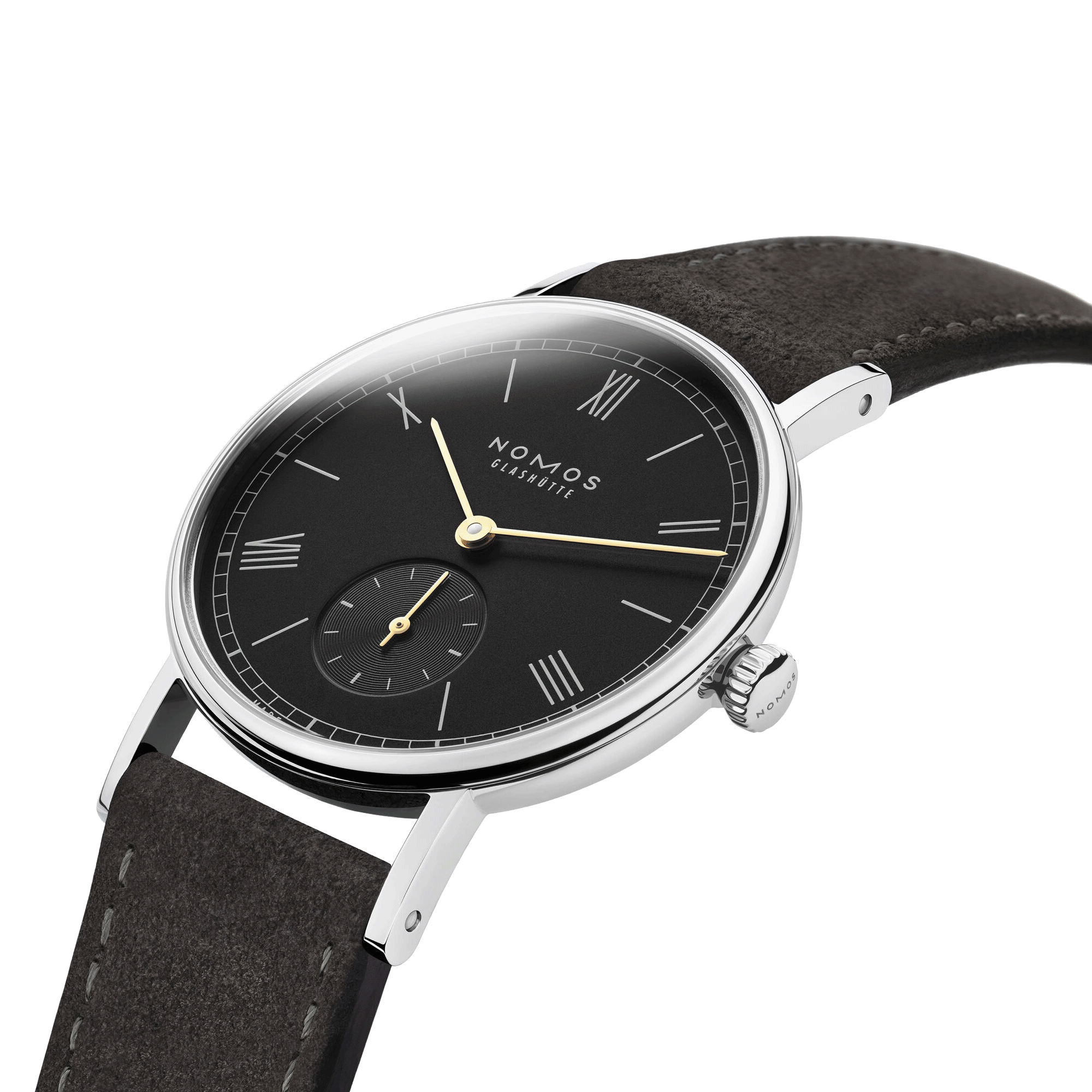 Nomos Ludwig mechanical watch black dial black leather strap 33 mm 227