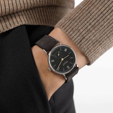 Nomos Ludwig mechanical watch black dial black leather strap 33 mm 227