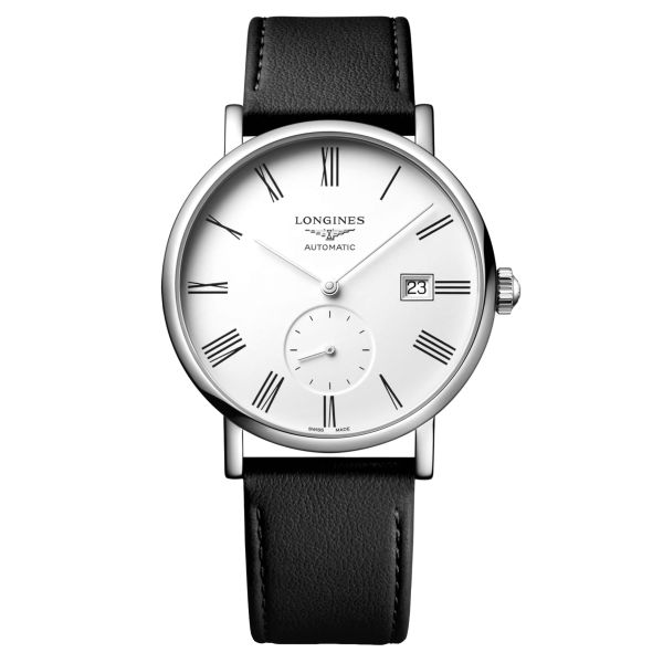 Longines Elegant automatic watch white dial black leather strap 39 mm