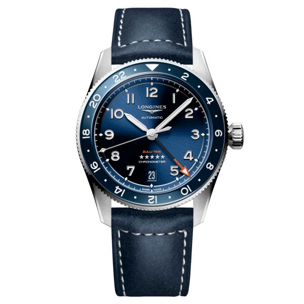 Montre Longines Spirit Zulu Time automatique lunette bleue cadran bleu bracelet cuir bleu 39 mm L3.802.4.93.2