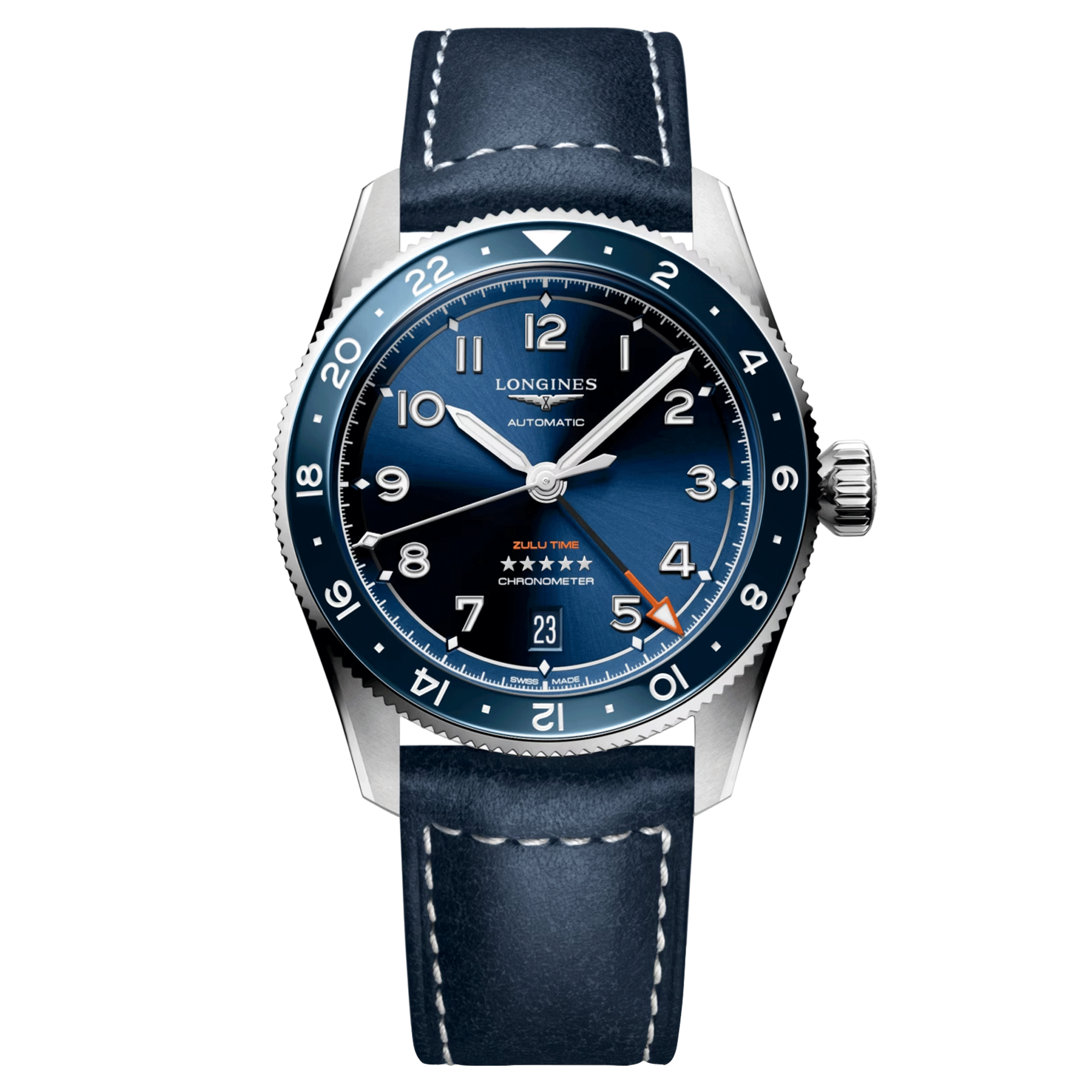 Longines Spirit Zulu Time automatic watch blue bezel blue dial blue leather strap 39 mm L3.802.4.93.2