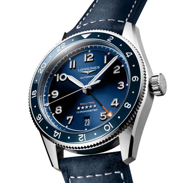 Longines Spirit Zulu Time automatic watch blue bezel blue dial blue leather strap 39 mm L3.802.4.93.2