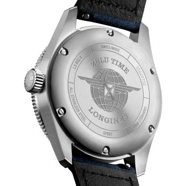 Montre Longines Spirit Zulu Time automatique lunette bleue cadran bleu bracelet cuir bleu 39 mm L3.802.4.93.2