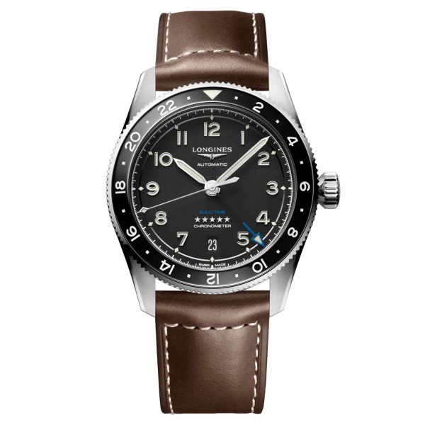 Longines Spirit Zulu Time automatic watch black bezel black dial brown leather strap 39 mm L3.802.4.53.2