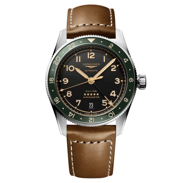 Longines Spirit Zulu Time automatic watch green bezel anthracite dial brown leather strap 39 mm L3.802.4.63.2