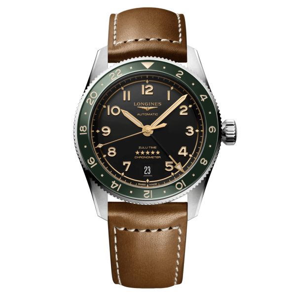 Montre Longines Spirit Zulu Time automatique lunette verte cadran noir bracelet cuir marron 39 mm L3.802.4.63.2