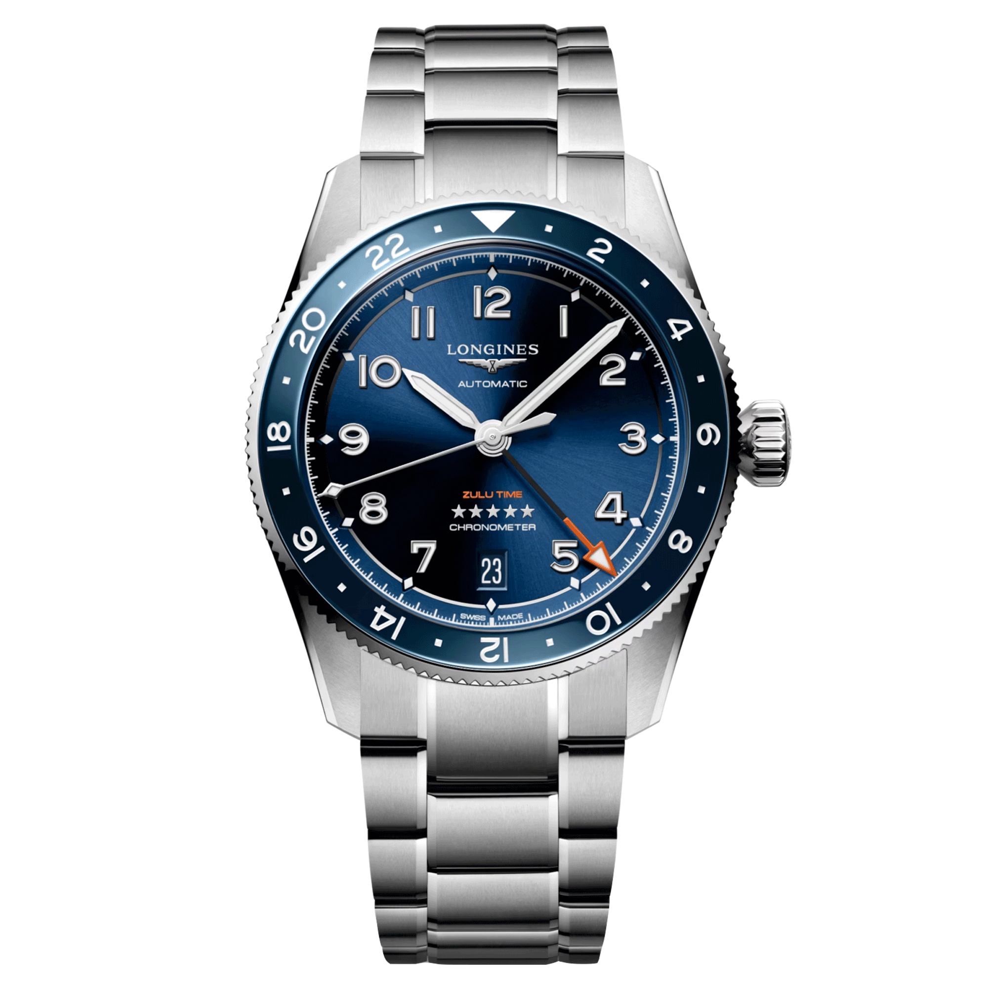 Longines Spirit Zulu Time automatic watch blue dial steel bracelet 39 mm L3.802.4.93.6