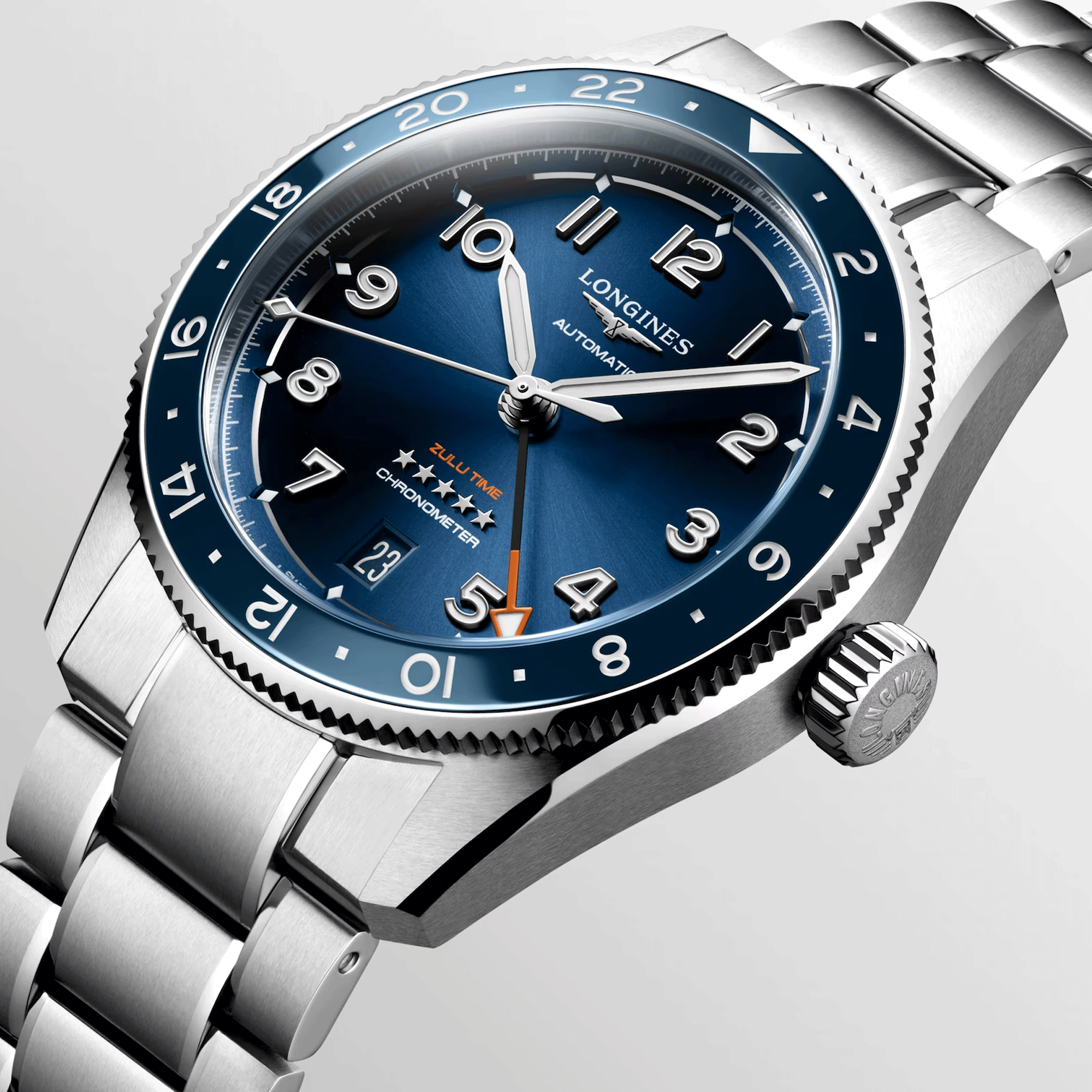 Longines Spirit Zulu Time automatic watch blue dial steel bracelet 39 mm L3.802.4.93.6