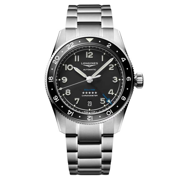 Montre Longines Spirit Zulu Time automatique cadran noir bracelet acier 39 mm L3.802.4.53.6