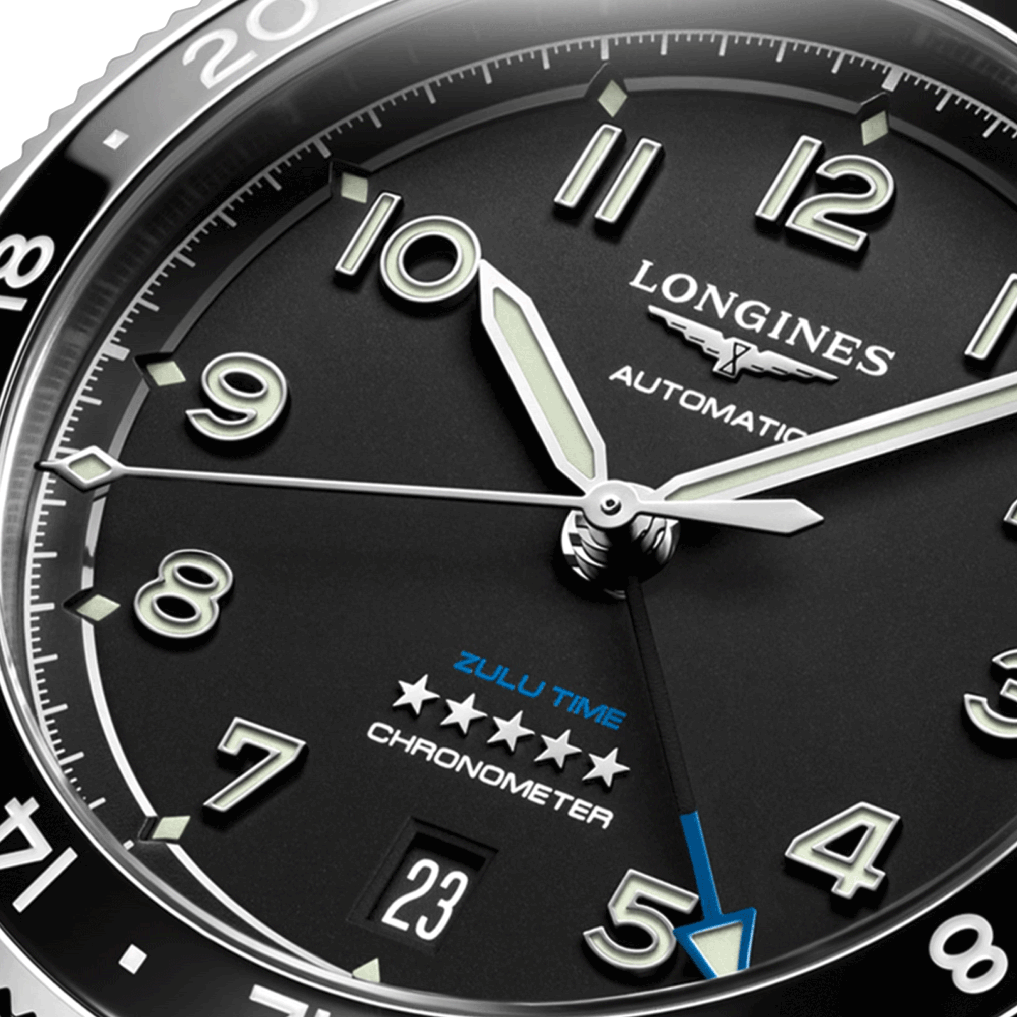 Montre Longines Spirit Zulu Time automatique cadran noir bracelet acier 39 mm L3.802.4.53.6