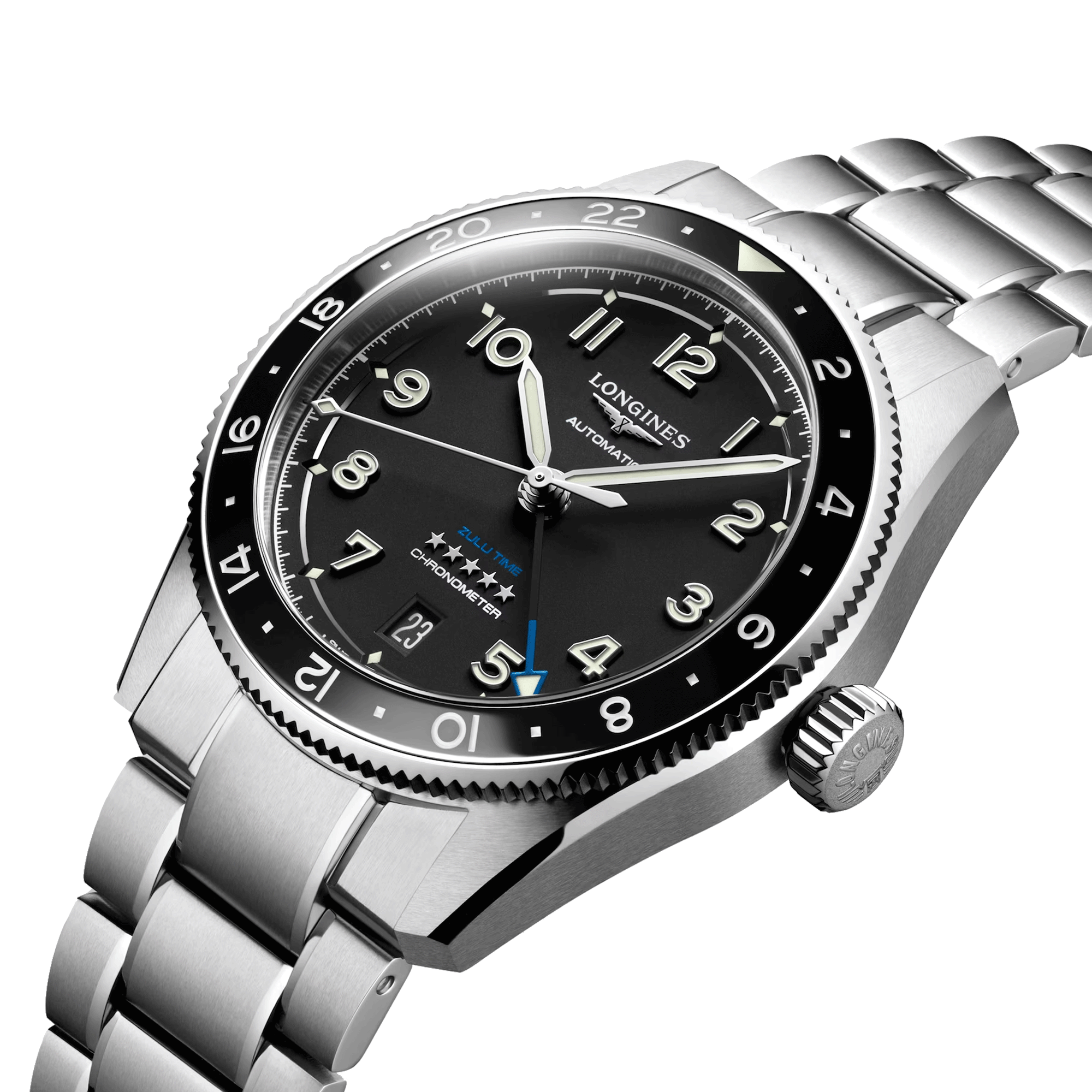 Montre Longines Spirit Zulu Time automatique cadran noir bracelet acier 39 mm L3.802.4.53.6