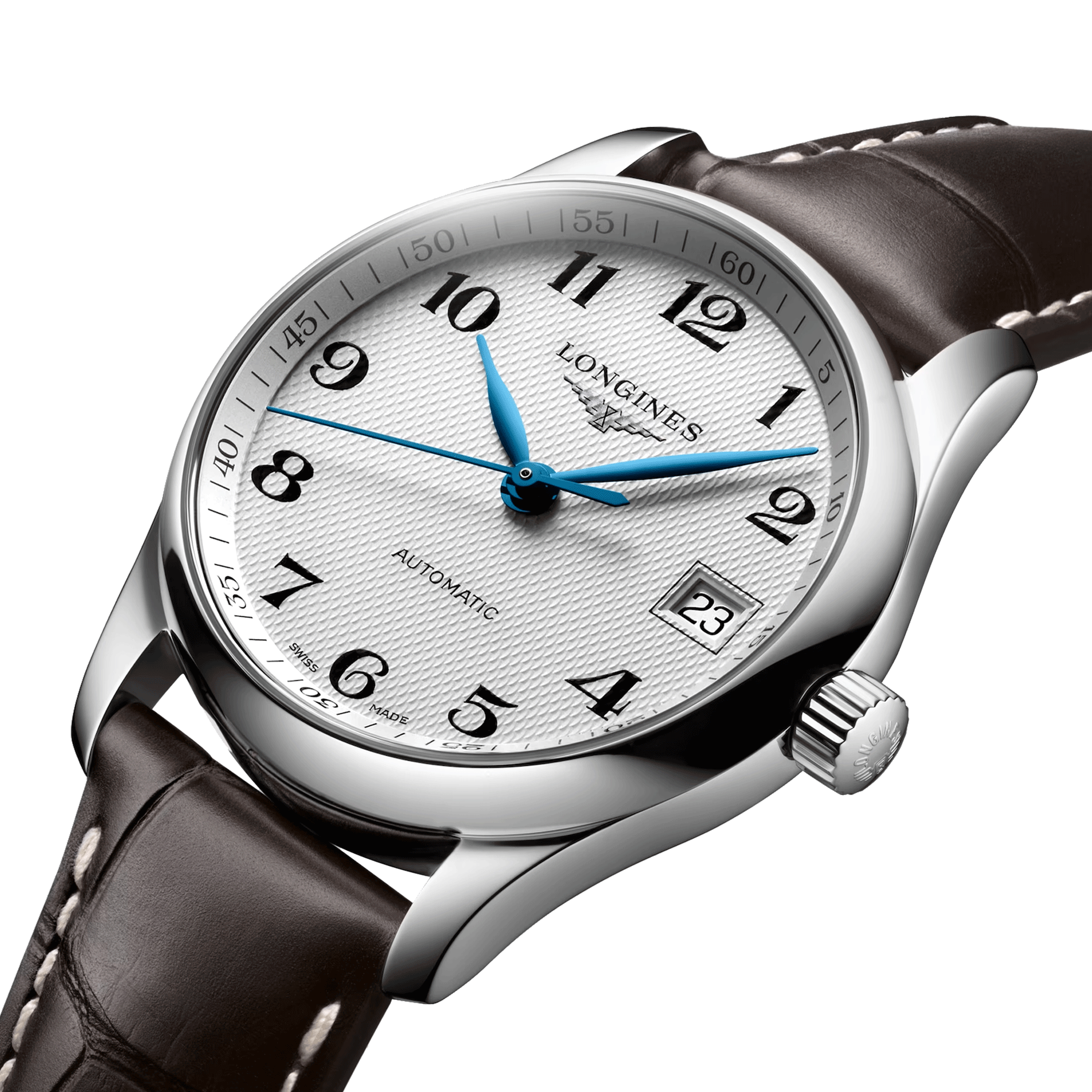 Montre Longines Master Collection automatique cadran argenté bracelet cuir marron 34 mm L2.357.4.78.3