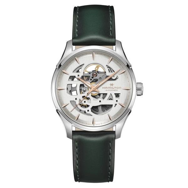 Hamilton Jazzmaster Skeleton automatic watch white skeleton dial green leather strap 40 mm