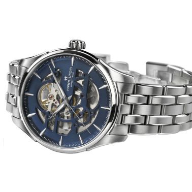Montre Hamilton Jazzmaster Skeleton automatique cadran squelette bleu bracelet acier 40 mm H42535141