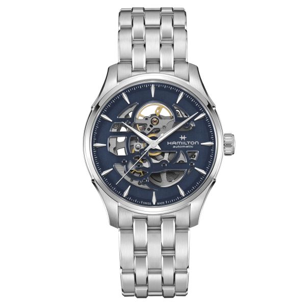 Montre Hamilton Jazzmaster Skeleton automatique cadran squelette bleu bracelet acier 40 mm H42535141