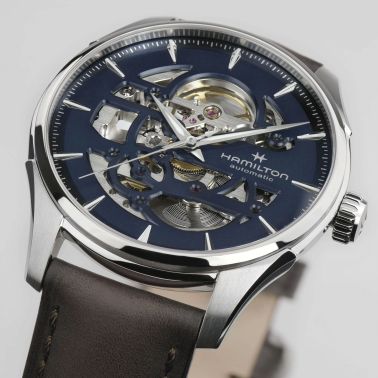 Montre Hamilton Jazzmaster Skeleton automatique cadran squelette bleu bracelet cuir marron 40 mm H42535541