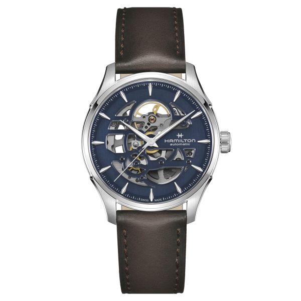 Hamilton Jazzmaster Skeleton automatic watch blue skeleton dial brown leather strap 40 mm