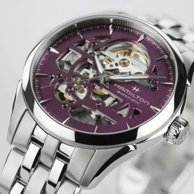 Hamilton Jazzmaster Skeleton automatic watch purple skeleton dial steel bracelet 36 mm