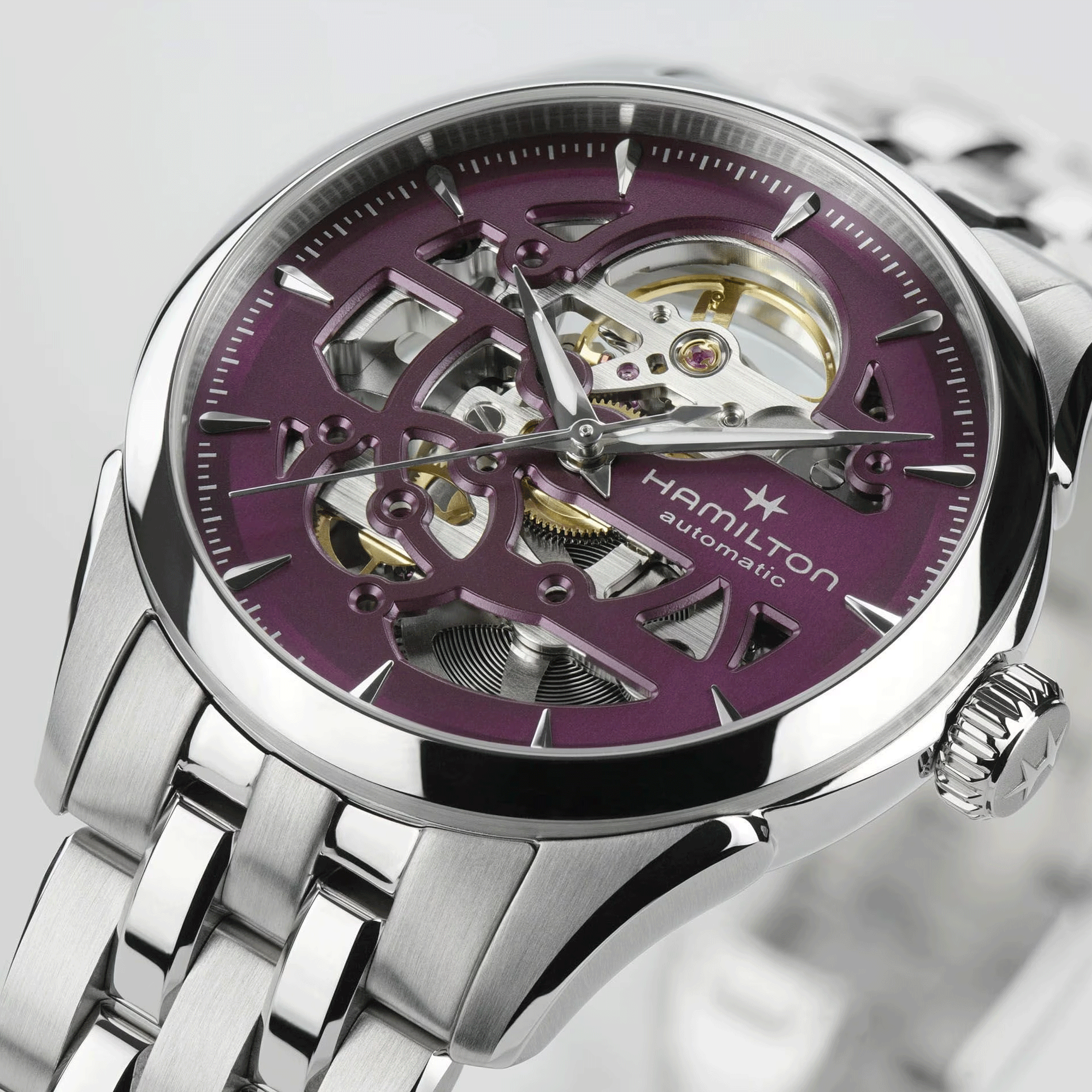 Hamilton Jazzmaster Skeleton automatic watch purple skeleton dial steel bracelet 36 mm