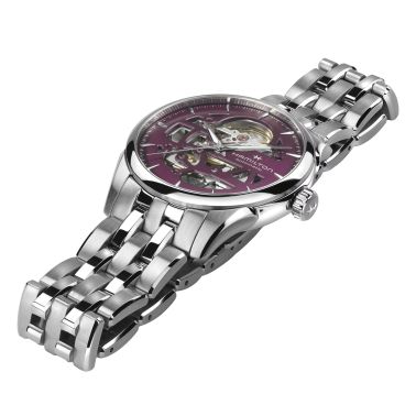 Hamilton Jazzmaster Skeleton automatic watch purple skeleton dial steel bracelet 36 mm