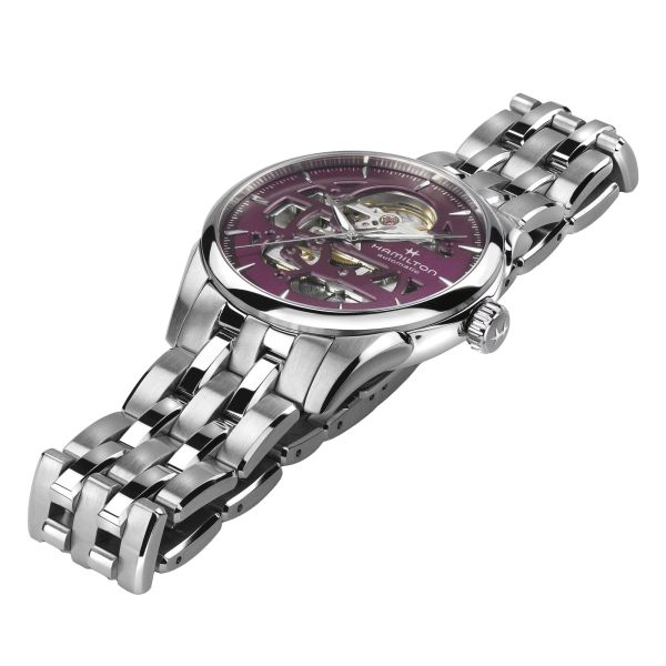 Hamilton Jazzmaster Skeleton automatic watch purple skeleton dial steel bracelet 36 mm