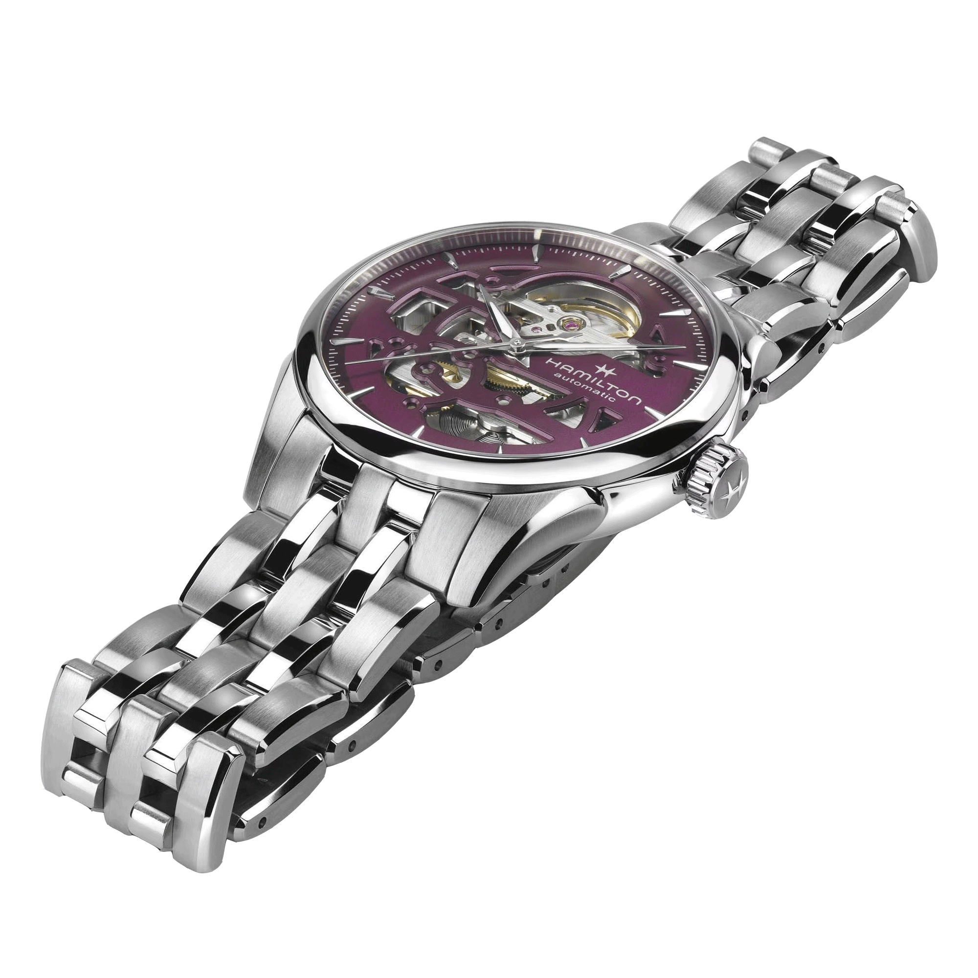 Hamilton Jazzmaster Skeleton automatic watch purple skeleton dial steel bracelet 36 mm