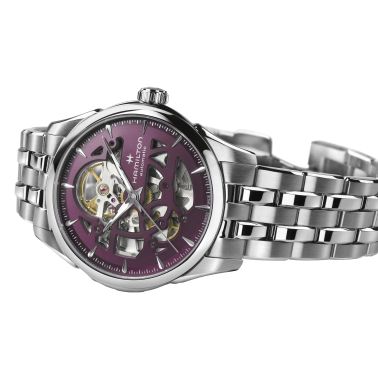 Hamilton Jazzmaster Skeleton automatic watch purple skeleton dial steel bracelet 36 mm