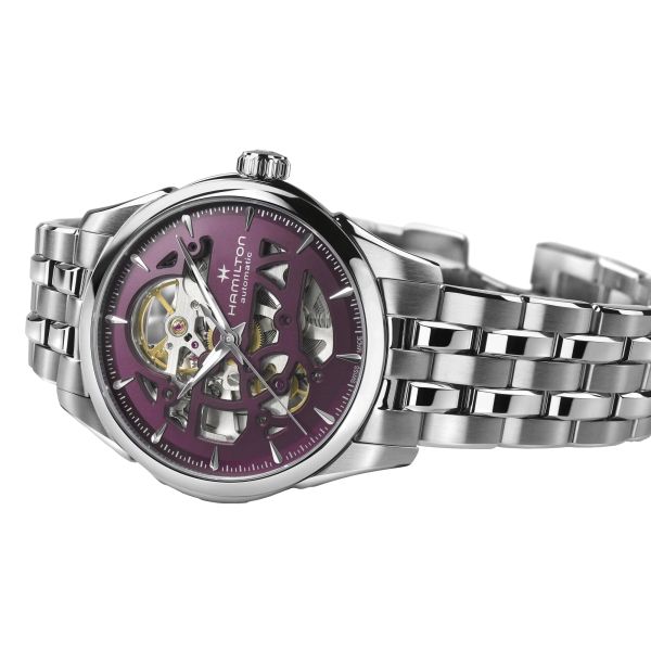 Hamilton Jazzmaster Skeleton automatic watch purple skeleton dial steel bracelet 36 mm