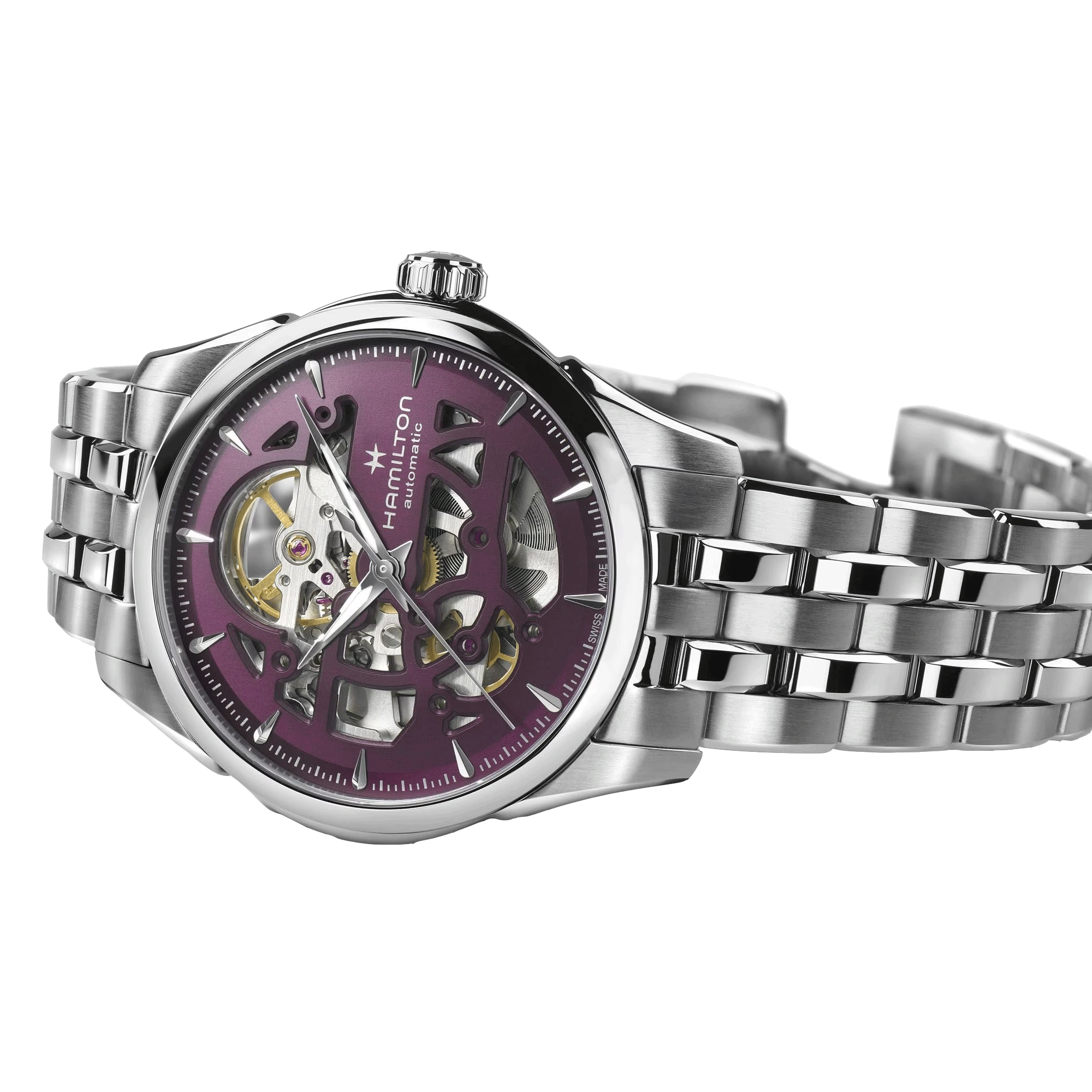 Hamilton Jazzmaster Skeleton automatic watch purple skeleton dial steel bracelet 36 mm