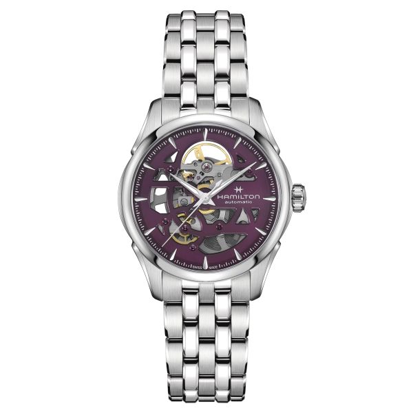 Hamilton Jazzmaster Skeleton automatic watch purple skeleton dial steel bracelet 36 mm