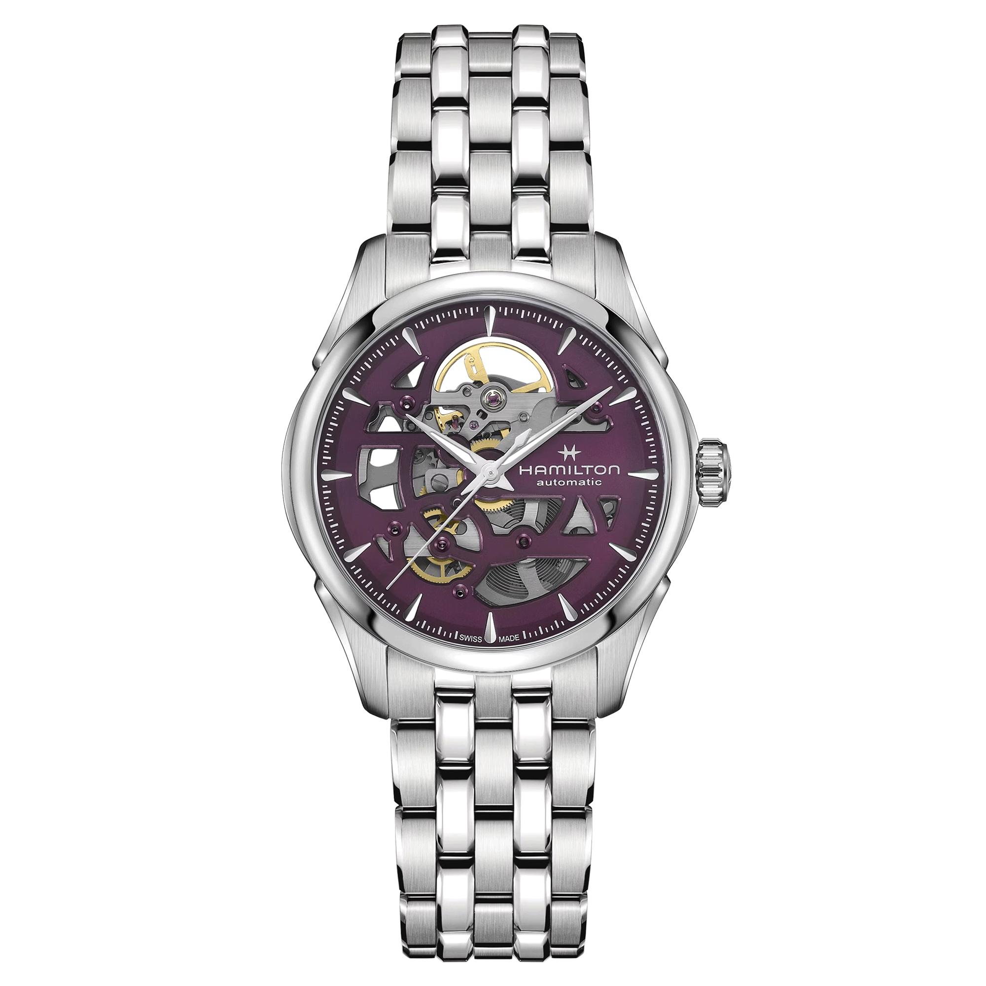 Hamilton Jazzmaster Skeleton automatic watch purple skeleton dial steel bracelet 36 mm