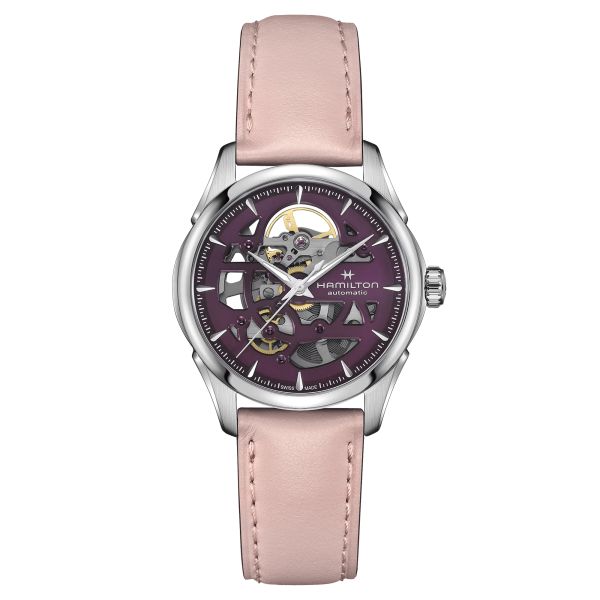 Hamilton Jazzmaster Skeleton automatic watch purple skeleton dial pink leather strap 36 mm