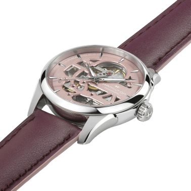 Hamilton Jazzmaster Skeleton automatic watch pink skeleton dial purple leather strap 36 mm