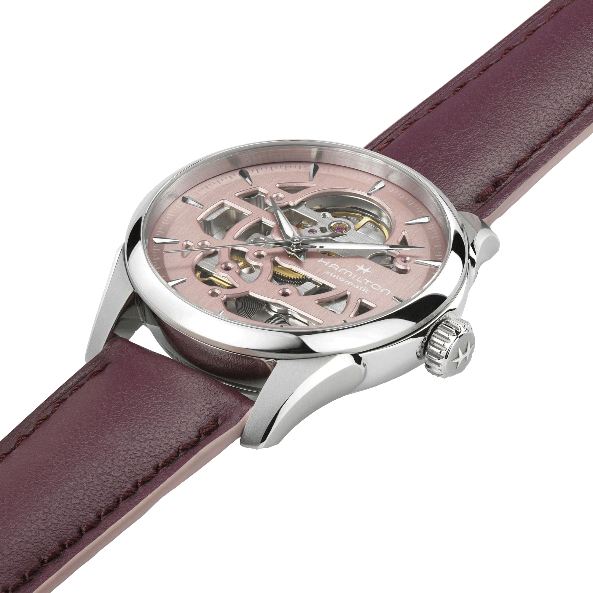 Hamilton Jazzmaster Skeleton automatic watch pink skeleton dial purple leather strap 36 mm
