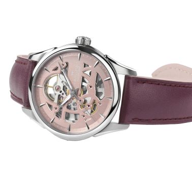 Hamilton Jazzmaster Skeleton automatic watch pink skeleton dial purple leather strap 36 mm