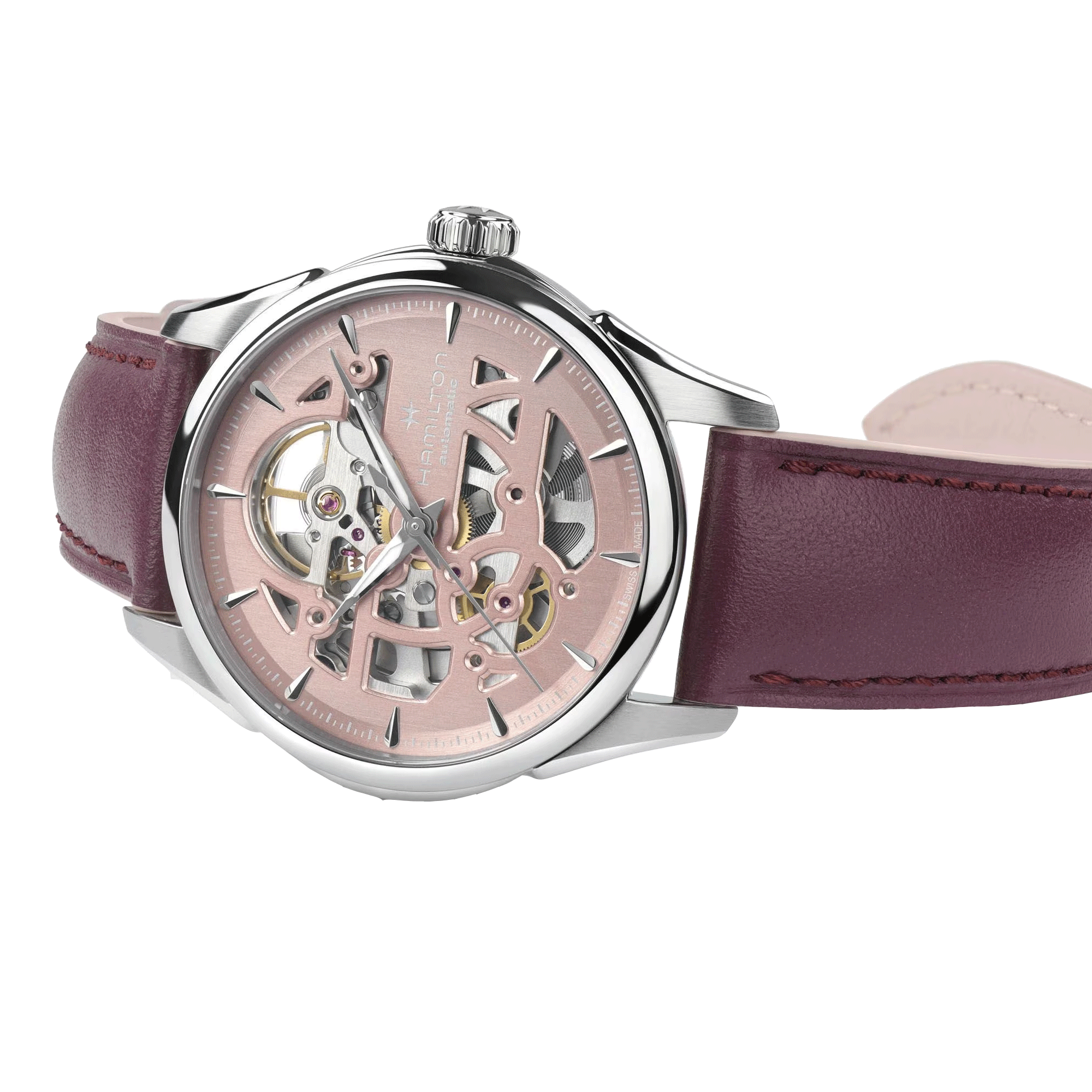Hamilton Jazzmaster Skeleton automatic watch pink skeleton dial purple leather strap 36 mm