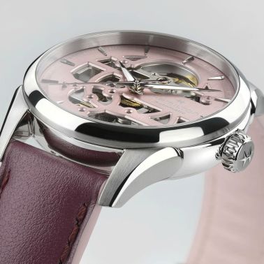 Hamilton Jazzmaster Skeleton automatic watch pink skeleton dial purple leather strap 36 mm