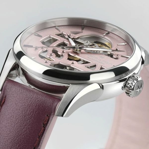Hamilton Jazzmaster Skeleton automatic watch pink skeleton dial purple leather strap 36 mm