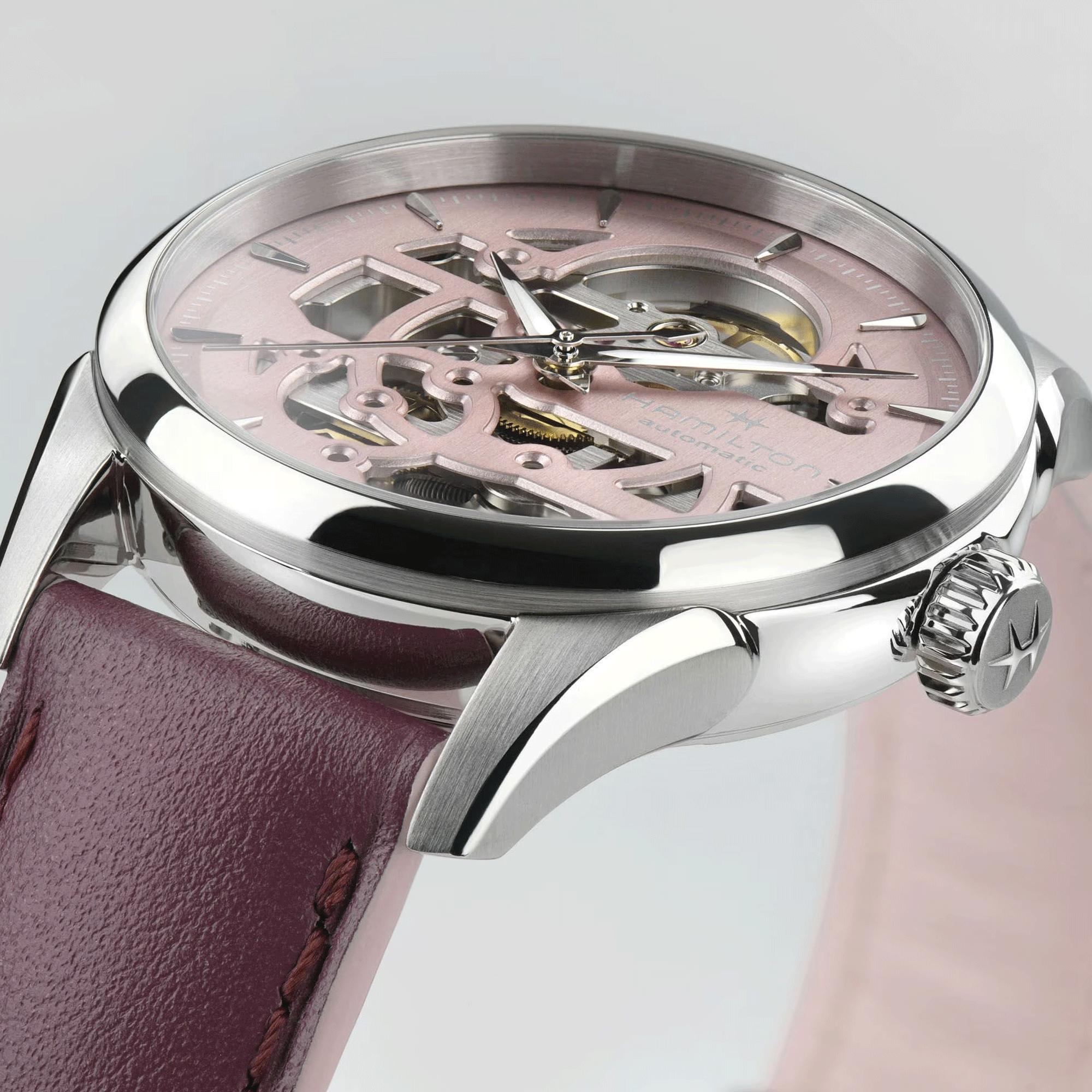 Hamilton Jazzmaster Skeleton automatic watch pink skeleton dial purple leather strap 36 mm