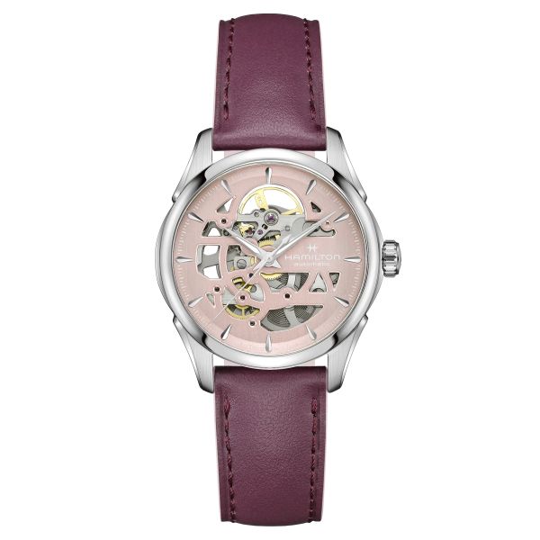 Montre Hamilton Jazzmaster Skeleton automatique cadran squelette rose bracelet cuir violet 36 mm H32265870