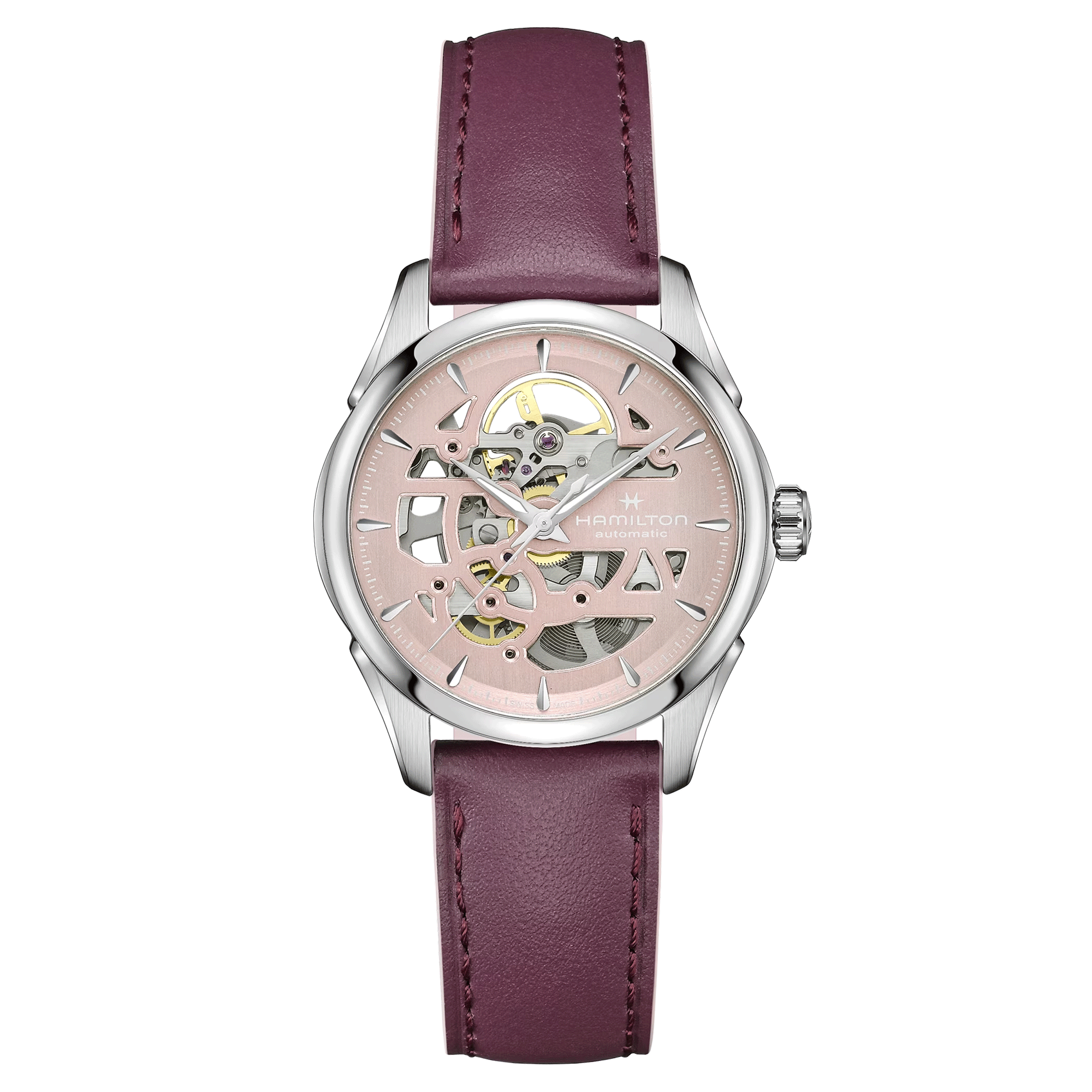 Hamilton Jazzmaster Skeleton automatic watch pink skeleton dial purple leather strap 36 mm