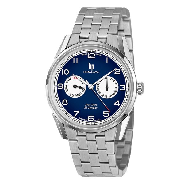 Lip Himalaya Day-Date Bi-Compax quartz blue dial steel bracelet 40 mm