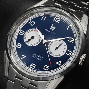 Montre Lip Himalaya Jour Date Bi-Compax Quartz cadran bleu bracelet acier 40 mm