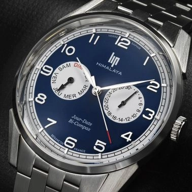 Montre Lip Himalaya Jour Date Bi-Compax Quartz cadran bleu bracelet acier 40 mm