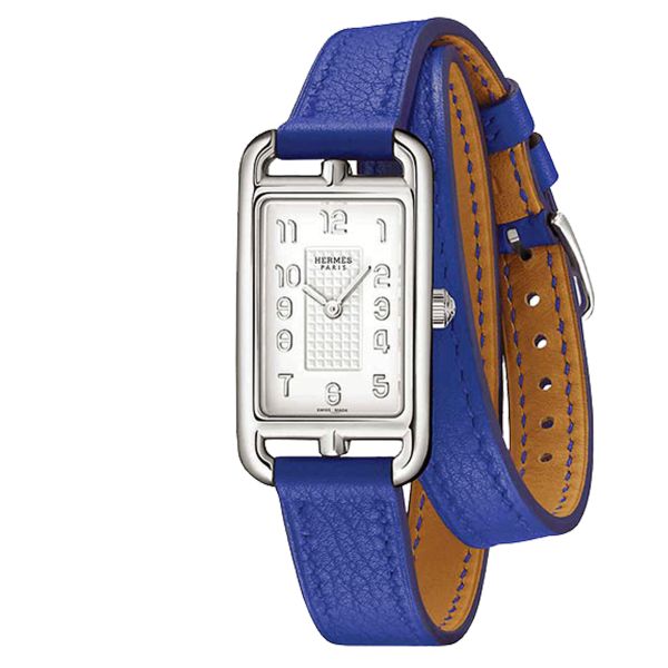 Montre HERMÈS Nantucket Petit Modèle quartz cadran argenté bracelet cuir double tour bleu 20 x 27 mm W042715WW00