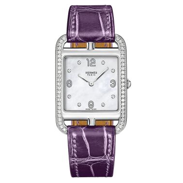 Montre HERMÈS Cape Cod Petit Modèle quartz index diamants lunette sertie cadran nacre blanche bracelet cuir violet 29 mm W044214