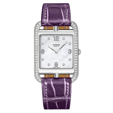 Montre HERMÈS Cape Cod Petit Modèle quartz index diamants lunette sertie cadran nacre blanche bracelet cuir violet 29 mm W044214